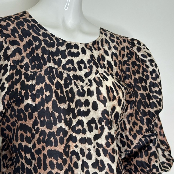 GANNI Cedar Tie Back Leopard Print Puff Sleeve Top Linen and Silk  SZ 38 - Picture 7 of 11